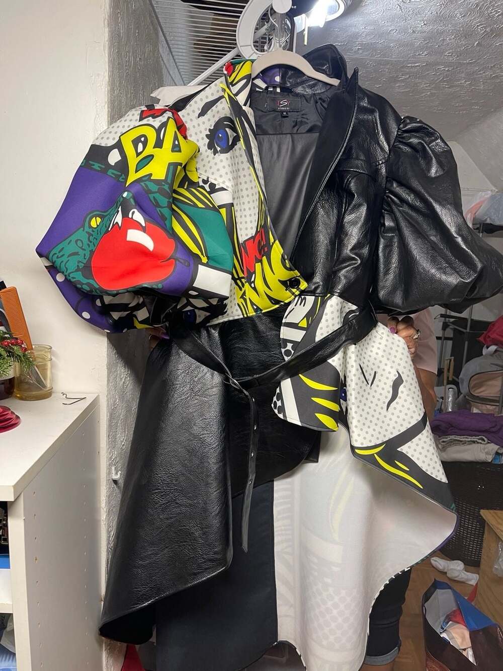 Studio EY Pop Art Comic Print Faux Leather Long Jacket Belted 1X